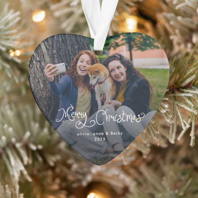 Adorno Merry Christmas Whimsical Script Family Photo Dog (Árbol)