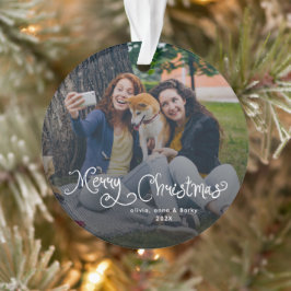 Adorno Merry Christmas Whimsical Script Family Photo Dog