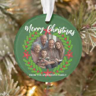 Adorno Merry Christmas Wreath Photo Holiday Family Name