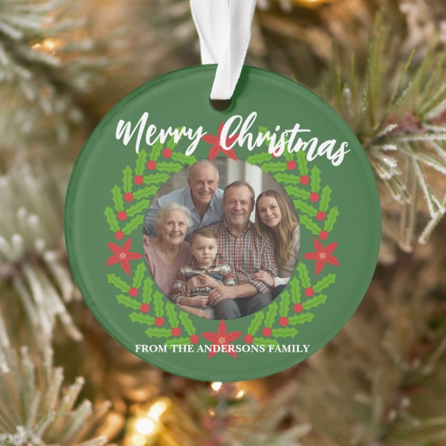 Adorno Merry Christmas Wreath Photo Holiday Family Name (Árbol)