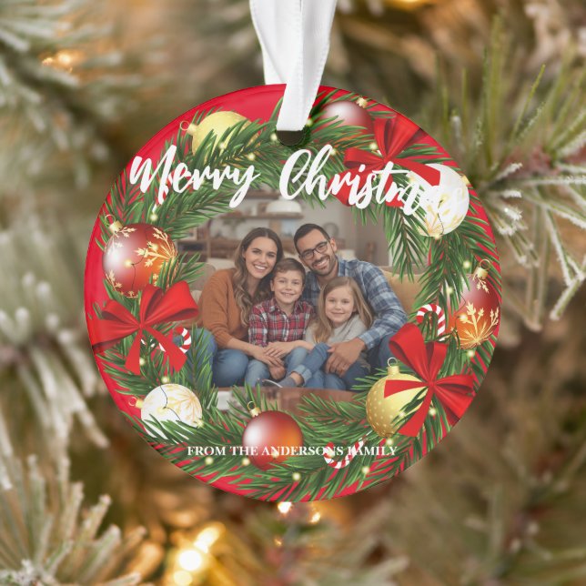 Adorno Merry Christmas Wreath Photo Personalized Family N (Árbol)