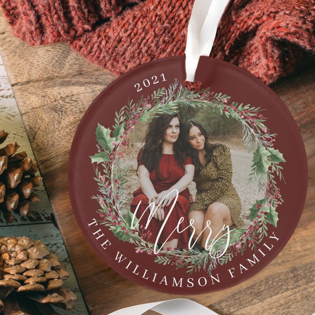 Adorno Merry Elegant Festix Watercolor Wreath Dos Foto (Merry Elegant Festive Watercolor Wreath Two Photo Ornament)