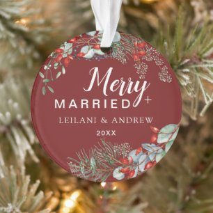 Adorno Merry Married Holly Greenery Navidades Borgoña