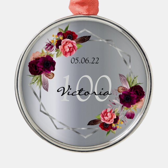 Adorno Metálico 100 cumpleaños florales de plata geométrica burgun (Frente)