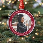 Adorno Metálico 1 Graduación fotográfica Elegante moderno rojo y b<br><div class="desc">Conmemorar el logro de la graduación con un elegante adorno de Navidad con fotos de personalizados rojos y blancos. La imagen y todo el texto son simples para el personalizar. (CONSEJOS DE DISEÑO DE IMÁGENES Y TEXTO: 1) Para ajustar la posición de la redacción, agregue espacios al principio o al...</div>