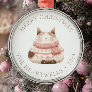 Adorno Metálico 2025 Gato Personalizado de Acuarela Navidad Feliz