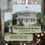 Adorno Metálico 2 Foto Nueva dirección residencial Primer guión ne<br><div class="desc">Celebra la alegría de tu nuevo lugar con un adorno metalizado cuadrado de la foto del personalizado "Primera Navidad en nuestro nuevo hogar". Todos los textos de esta plantilla son fáciles de personalizar y las imágenes pueden ser diferentes o iguales en el frente y el reverso. El moderno diseño minimalista...</div>