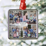 Adorno Metálico 4 Nombre de familia de Collage de fotos y Año Blan<br><div class="desc">Celebra las simples alegrías de las festividades con un metalizado de fotos de color blanco y negro cuadrado personalizado 4. Todos los textos e imágenes de esta plantilla son fáciles de personalizar. (IMAGEN PLACEMENT TIP: Una manera fácil de centrar una foto exactamente como quieres es recortarla antes de subirla al...</div>