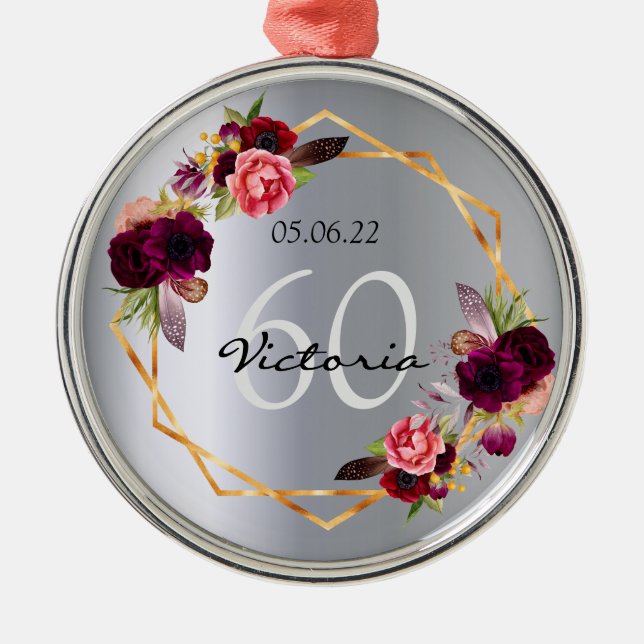 Adorno Metálico 60 cumpleaños flores de plata geométricas burdeos (Frente)