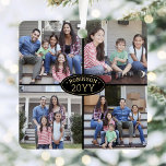 Adorno Metálico 8 Nombre de familia Collage de fotos Elegante Negr<br><div class="desc">Celebra las simples alegrías de las festividades con un adorno metalizado color negro y oro cuadrado de color personalizado 8. El texto de esta plantilla es sencillo de personalizar y las imágenes pueden ser diferentes o iguales en la parte delantera y posterior (IMAGE PLACEMENT TIP: Una forma fácil de posicionar...</div>