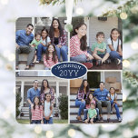 Adorno Metálico 8 Nombre de familia de Collage de fotos y Año de l<br><div class="desc">Celebra las simples alegrías de las vacaciones con un adorno metalizado color azul marino y cuadrado blanco personalizado 8. El texto de esta plantilla es sencillo de personalizar y las imágenes pueden ser diferentes o iguales en la parte delantera y posterior (IMAGE PLACEMENT TIP: Una forma fácil de centrar una...</div>