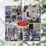 Adorno Metálico 8 Nombre de familia de Collage de fotos y Año Rojo<br><div class="desc">Celebra las simples alegrías de las festividades con un adorno metalizado cuadrado rojo y blanco personalizado 8. El texto de esta plantilla es sencillo de personalizar y las imágenes pueden ser diferentes o iguales en la parte delantera y posterior (IMAGE PLACEMENT TIP: Una forma fácil de centrar una foto exactamente...</div>