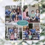 Adorno Metálico 8 Nombre de familia de Collage de fotos y Año Verd<br><div class="desc">Celebra las simples alegrías de las festividades con un verde azulada de fotos personalizado 8 de color y blanco cuadrado metalizado adorno. El texto de esta plantilla es sencillo de personalizar y las imágenes pueden ser diferentes o iguales en la parte delantera y posterior (IMAGE PLACEMENT TIP: Una forma fácil...</div>