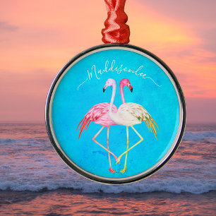 Adorno Metálico acuarela tropical verde azulada Monograma Flamingo