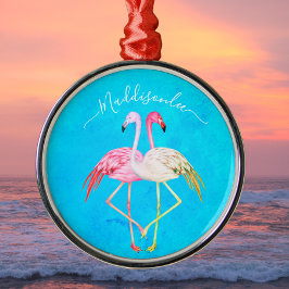 Adorno Metálico acuarela tropical verde azulada Monograma Flamingo