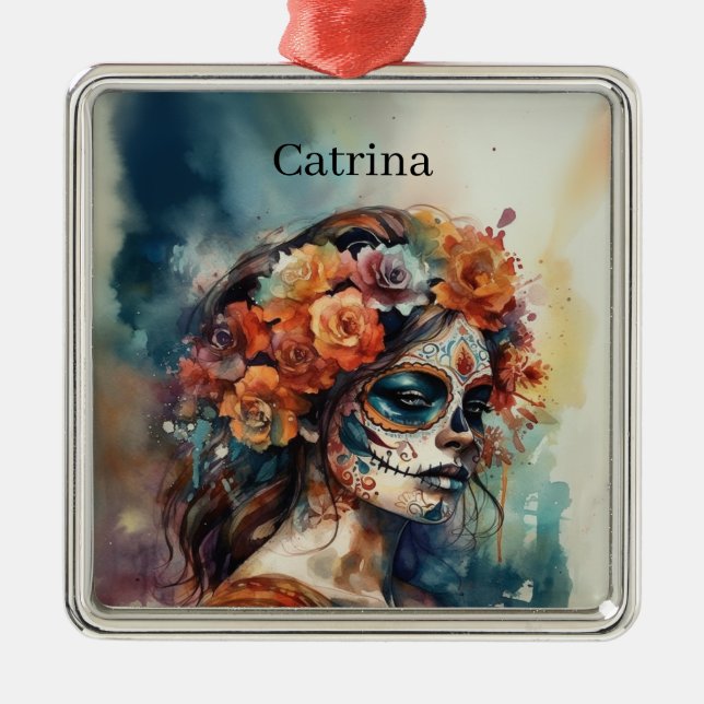 Adorno Metálico Acuarela vibrante Dia de los Muertos Catrina (Frente)