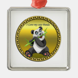 Adorno Metálico Adorable oso lindo panda comiendo bambú evergreen