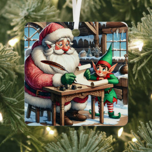 Adorno Metálico Adorable Santa y duende de Navidad