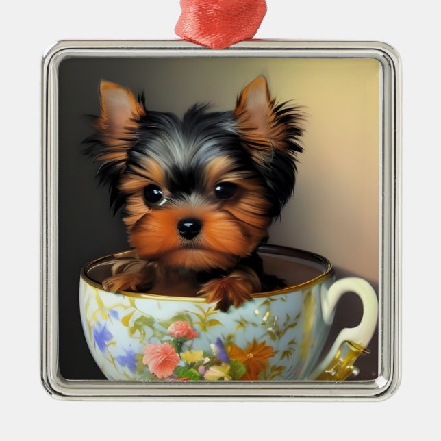 Adorno Metálico Adorable Yorkie En Una Tacup (Frente)