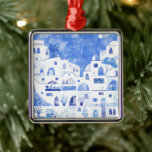 Adorno Metálico Agua de Santorini Grecia<br><div class="desc">Un cuadro de la hermosa isla griega de Santorini con una acuarela azul y blanca. Arte original de Nic Squirrell.</div>