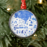 Adorno Metálico Agua de Santorini Grecia<br><div class="desc">Un cuadro de la hermosa isla griega de Santorini con una acuarela azul y blanca. Arte original de Nic Squirrell.</div>