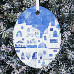Adorno Metálico Agua de Santorini Grecia<br><div class="desc">Un cuadro de la hermosa isla griega de Santorini con una acuarela azul y blanca. Arte original de Nic Squirrell.</div>