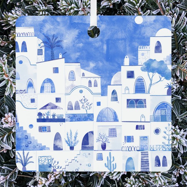 Adorno Metálico Agua de Santorini Grecia (Santorini watercolor art square metal ornament)