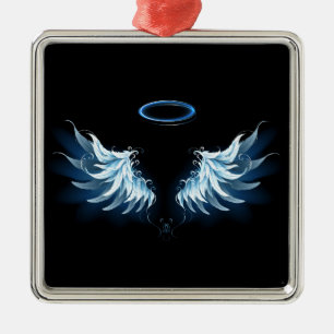 Adorno Metálico Alas del Ángel Azul brillante sobre fondo negro