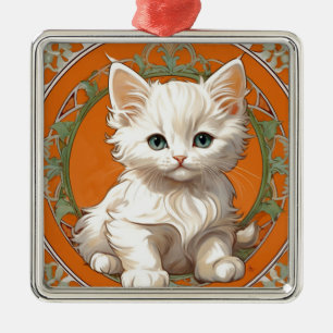 Adorno Metálico Alphonse Mucha Art Nouveau Gatito Blanco