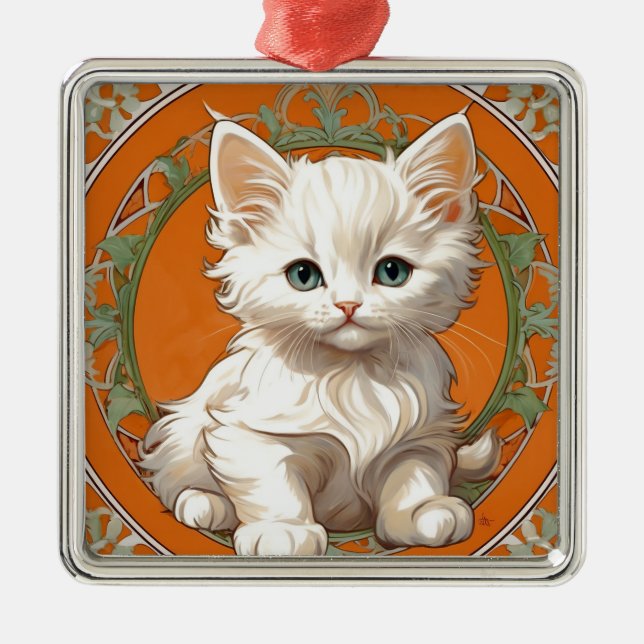 Adorno Metálico Alphonse Mucha Art Nouveau Gatito Blanco (Frente)