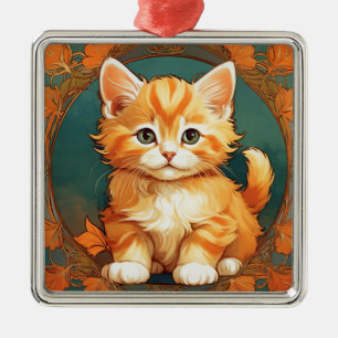 Adorno Metálico Alphonse Mucha Style Naranja Cat