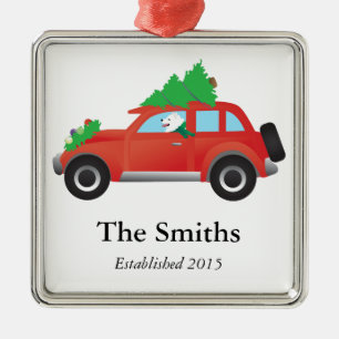 Adorno Metálico American Eskimo Dog Driving Car w/ Christmas tree