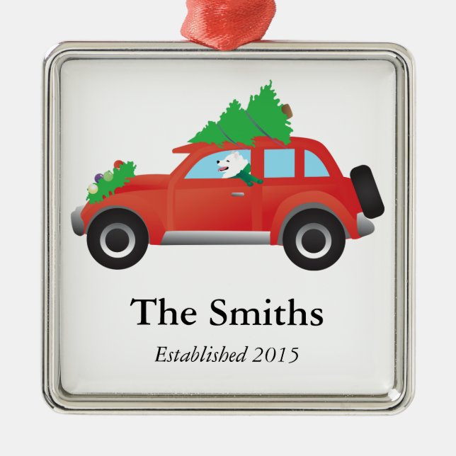 Adorno Metálico American Eskimo Dog Driving Car w/ Christmas tree (Frente)