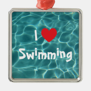 Adorno Metálico Amo nadar Corazón rojo con agua de piscina Aqua