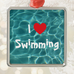 Adorno Metálico Amo nadar Corazón rojo con agua de piscina Aqua