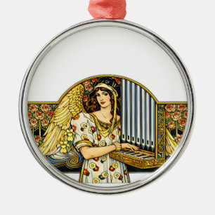 Adorno Metálico Ángel Art Nouveau Tocador de Órgano Música Vintage