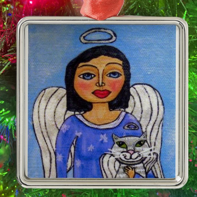 Adorno Metálico Ángel Gato de Arte Popular (Angel silver halo holding white angel cat on light blue Christmas hanging ornament.)