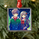 Adorno Metálico Anime Couple Romántico Navidades Personalizados<br><div class="desc">Navidades tiempo con una linda pareja de anime con un nevado fondo de pino.</div>