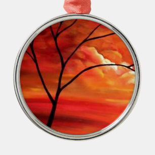 Adorno Metálico Árbol abstracto y atardecer rojo