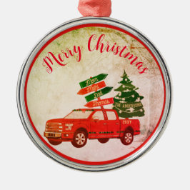 Adorno Metálico Árbol de granja Camión Rojo Nombre Familia Navidad