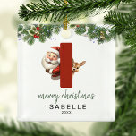 Adorno Metálico Árbol de Navidad Monograma para niños<br><div class="desc">¡Dale a tu árbol de Navidad un toque personal esta temporada navideña con un adorno monograma! Con santa y un reno mirando desde detrás de la letra I, este adorno puede ser personalizado con una fotografía especial, nombre y año, y un saludo de plantilla incluido. ¡Que este placer festivo forme...</div>