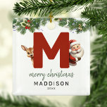 Adorno Metálico Árbol de Navidad Monograma para niños<br><div class="desc">¡Dale a tu árbol de Navidad un toque personal esta temporada navideña con un adorno monograma! Con santa y un reno asomando por detrás de la letra M, este adorno se puede personalizar con una fotografía especial, nombre y año, y un saludo de plantilla incluido. ¡Que este placer festivo forme...</div>