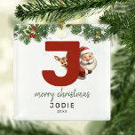 Adorno Metálico Árbol de Navidad Monograma para niños<br><div class="desc">¡Dale a tu árbol de Navidad un toque personal esta temporada navideña con un adorno monograma! Con santa y un reno asomando por detrás de la letra J, este adorno se puede personalizar con una fotografía especial, nombre y año, y un saludo de plantilla incluido. ¡Que este placer festivo forme...</div>