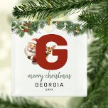 Adorno Metálico Árbol de Navidad Monograma para niños<br><div class="desc">¡Dale a tu árbol de Navidad un toque personal esta temporada navideña con un adorno monograma! Con santa y un reno asomando por detrás de la letra G, este adorno se puede personalizar con una fotografía especial, nombre y año, y un saludo de plantilla incluido. ¡Que este placer festivo forme...</div>