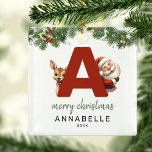 Adorno Metálico Árbol de Navidad Monograma para niños<br><div class="desc">¡Dale a tu árbol de Navidad un toque personal esta temporada navideña con un adorno monograma! Con santa y un reno asomando por detrás de la letra A, este adorno se puede personalizar con una fotografía especial, nombre y año, y un saludo de plantilla incluido. ¡Que este placer festivo forme...</div>
