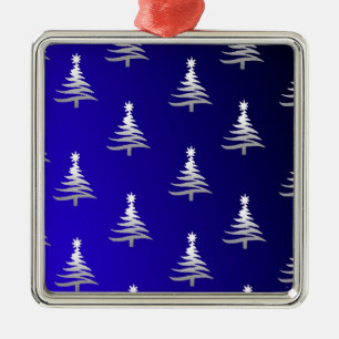 Adorno Metálico Árboles de Navidad Plateados sobre Azul Cobalto