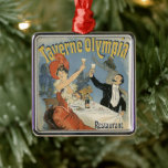 Adorno Metálico Arte Antiguo Modernista, Restaurante Taverne Olymp<br><div class="desc">Diseño de cartel publicitario de arte de ilustración vintage Art Nouveau para el restaurante Taverne Olympia de Jules Cheret. Esta imagen de anuncio vintage victoriano de amor y romance presenta a una mujer y un hombre brindando con champán y vino espumoso en un bistro romántico local de café. Están celebrando...</div>