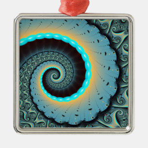 Adorno Metálico Arte fractal en espiral abstracto azul turquesa na