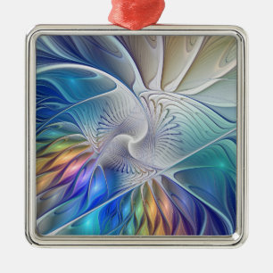 Adorno Metálico Arte Fractal Floral, Flor Abstrata Colorida