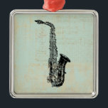 Adorno Metálico Arte musical saxofónico de la Casa de la Moneda Ve<br><div class="desc">Un ilustracion saxofón de antigüedades con un fondo clásico de papel de color verde menta. Hace un gran regalo para cualquiera que ame la música.</div>